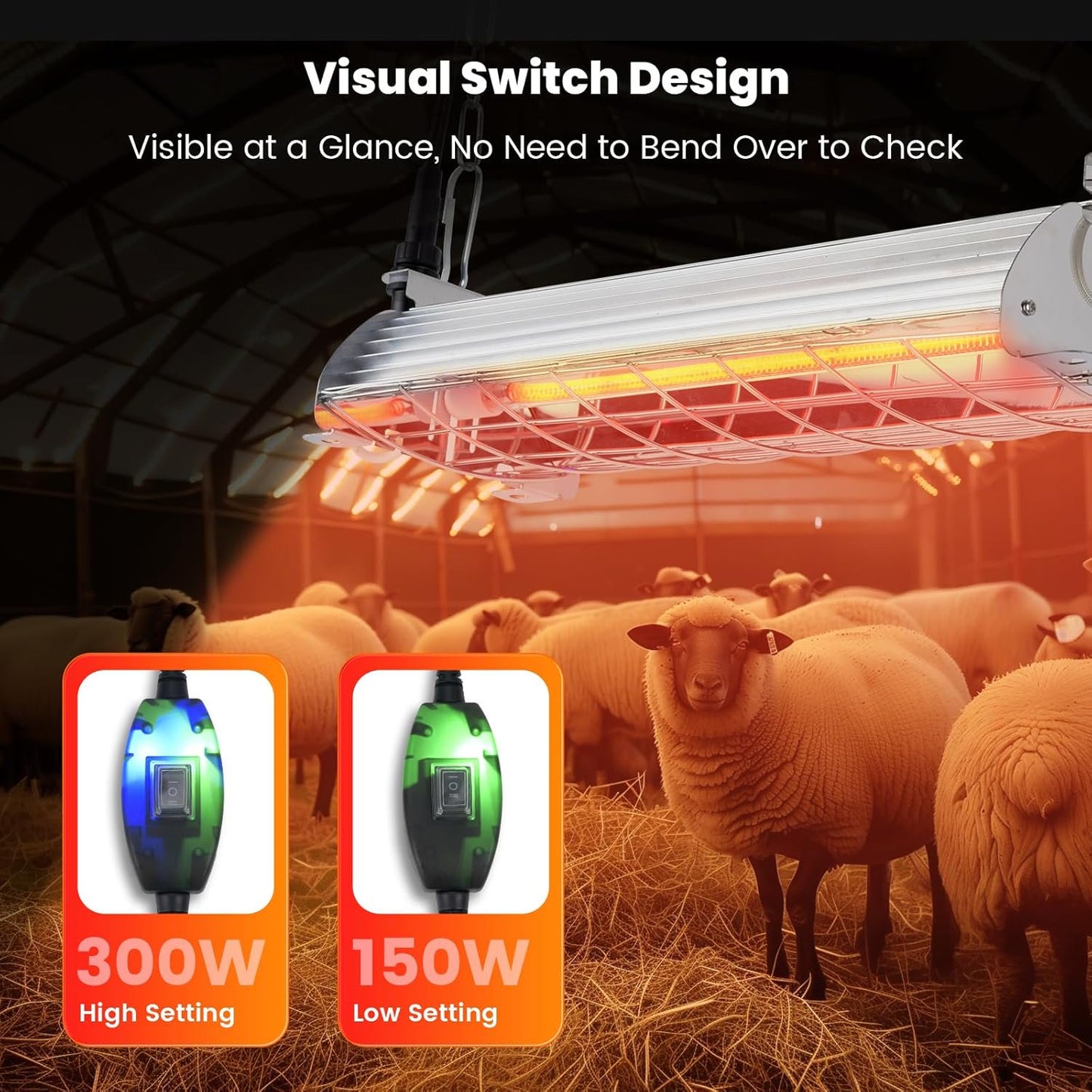 Kfonla 150W/300W Chicken Coop Heater, Sliver Brooder Heating Lamp with Adjustable Hanging Height for Chicks Sheep, Metal