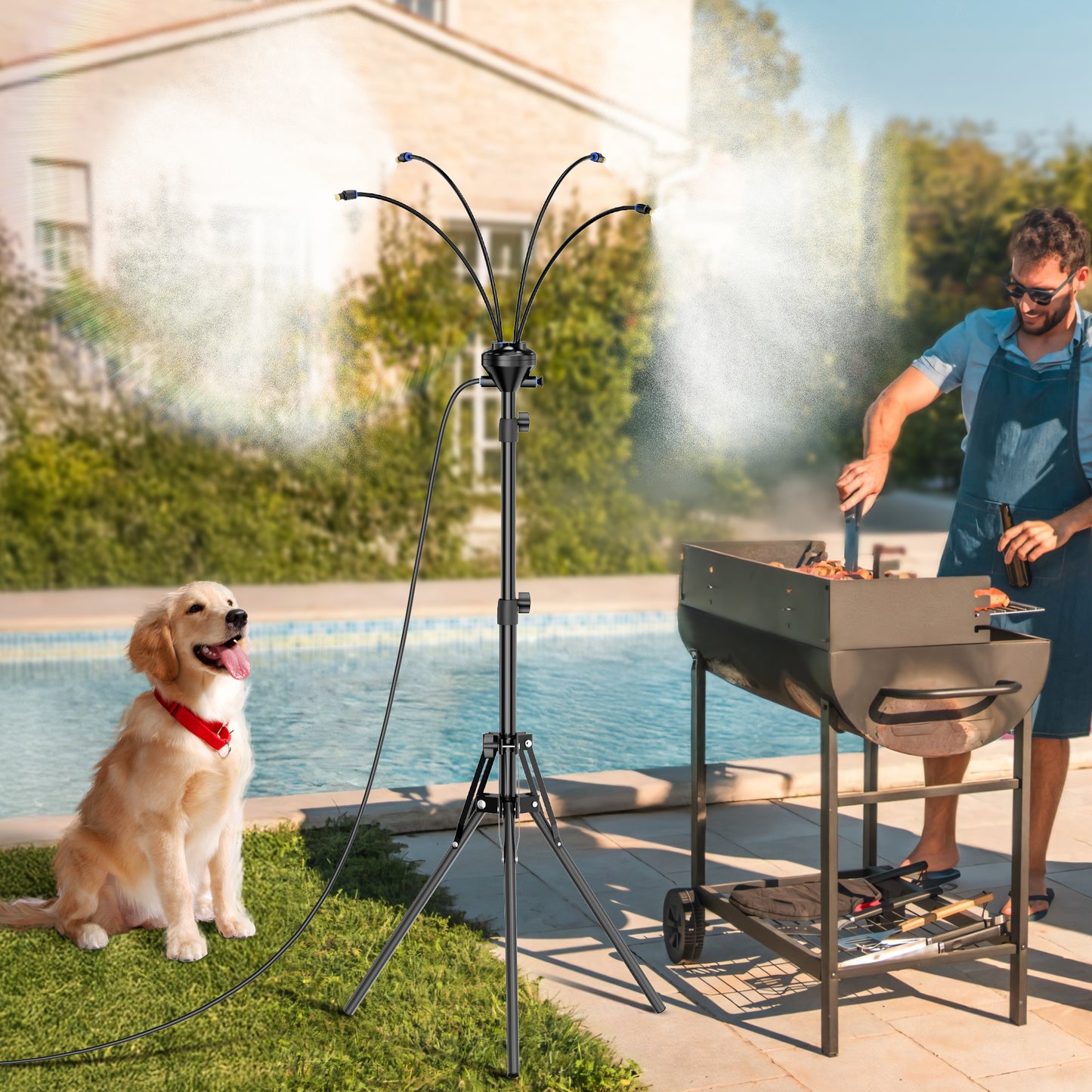 Kfonla 5.3FT Garden Mister for Outside Patio, Portable Outdoor Cooling Mister with 8 Nozzles, 4-Way Adjustable Patio Misting, Plant Mister for Backyard, Pool, Deck, BBQ Party
