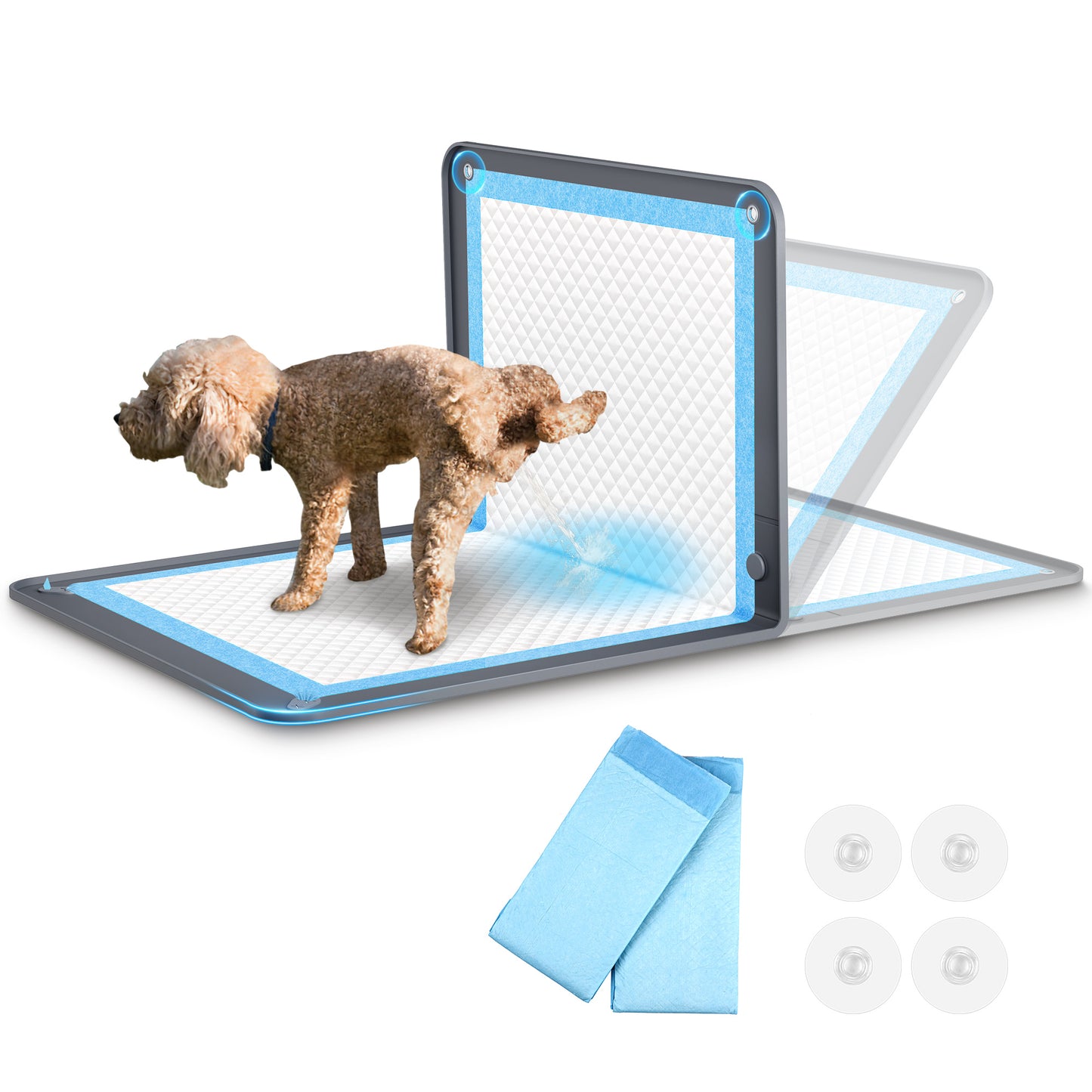 Kfonla 5.5" High Edge Puppy Pad Holder, 26" x 35" Dog Potty Tray, Non Slip Leakproof Tray with 2 Free Training Pads