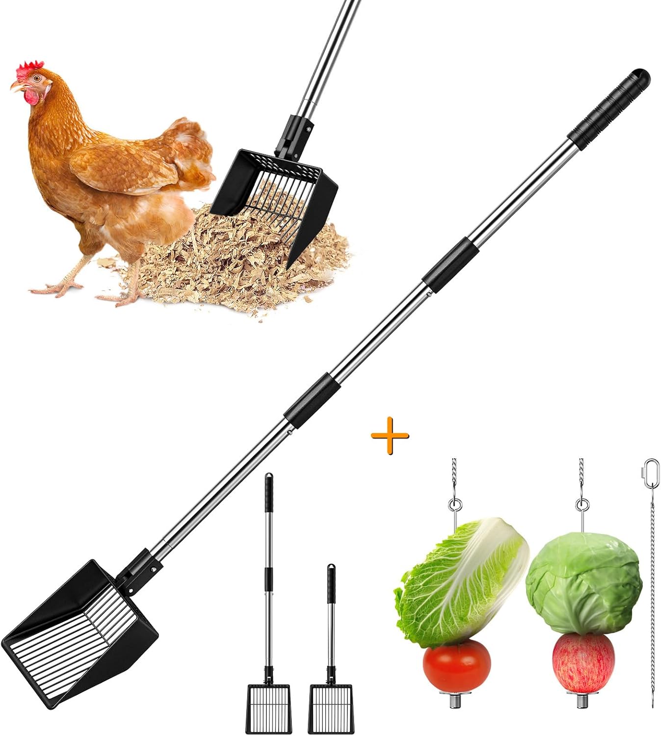Kfonla Chicken Poop Scooper, 304 Stainless Steel Shovel, 3-in-1 Chicken Litter Scoop with Handle for Chicken Coop & Pet Waste Cleaning, Multifunctional Litter Sifting Shovel(21 to 49")