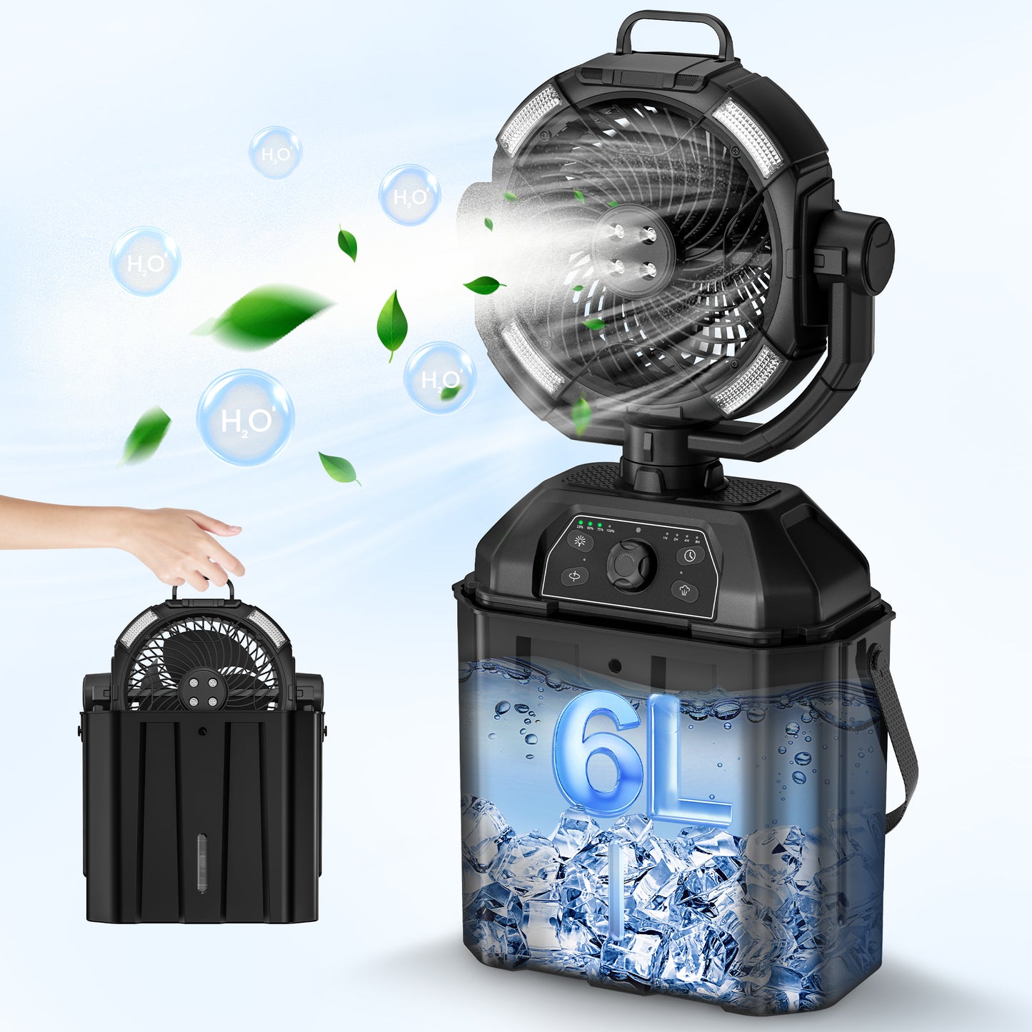 Kfonla Portable Camping Misting Fan, 20000mAh Rechargeable Battery Operated Fan, 6L Bucket USB Ventilador with LED Lantern, Remote, Hook, for Outdoor Travel Camping Tent