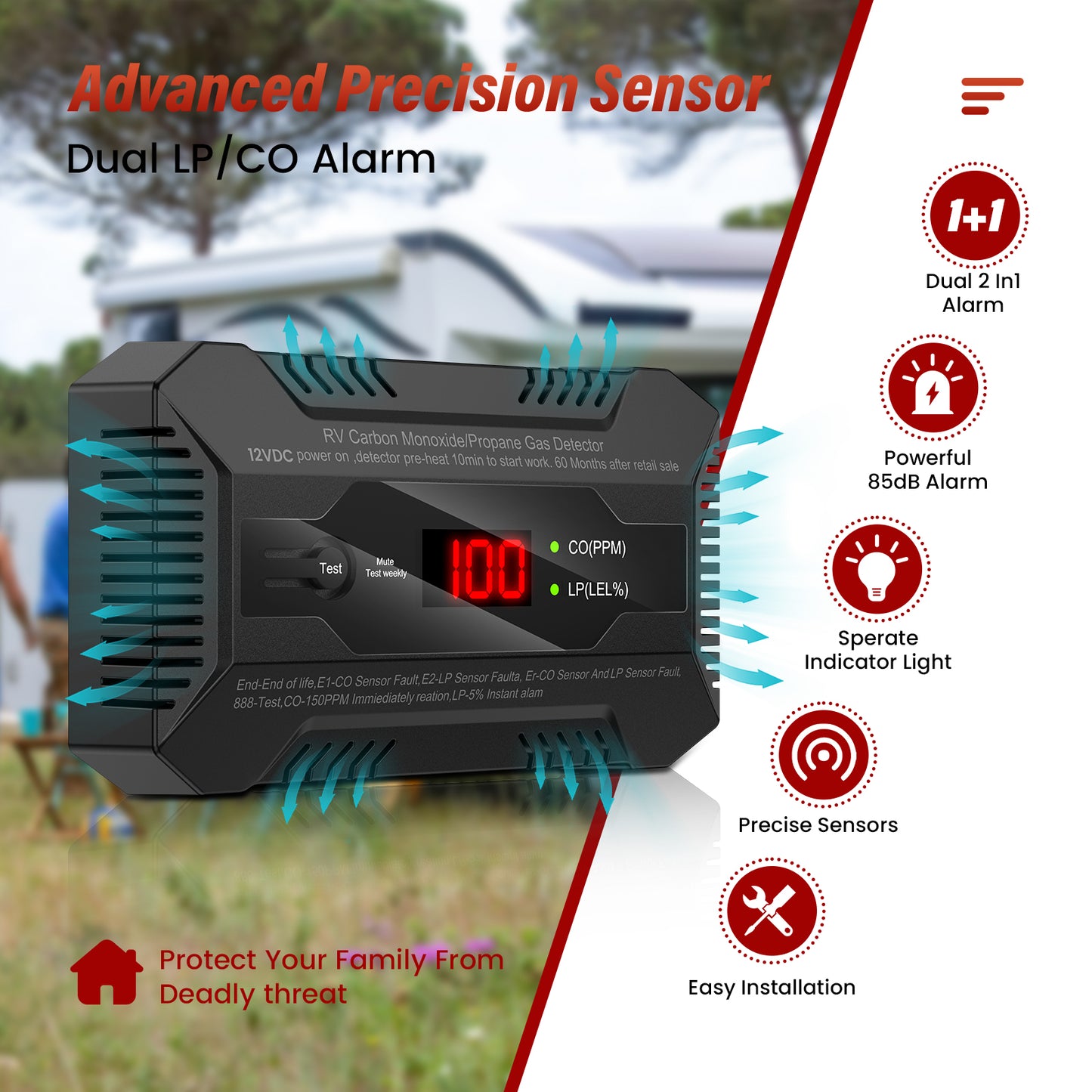 Kfonla RV Carbon Monoxide and Propane Gas Detector, 4.4Oz Corded CO/LP Gas Leak Digital Alarm for Travel Trailer, 85dB, Black