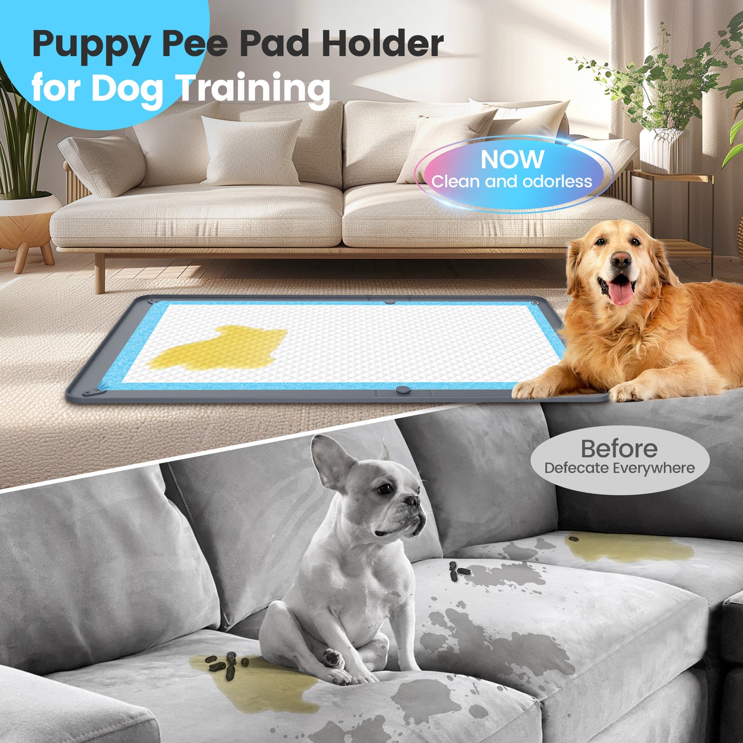 Kfonla 5.5" High Edge Puppy Pad Holder, 26" x 35" Dog Potty Tray, Non Slip Leakproof Tray with 2 Free Training Pads