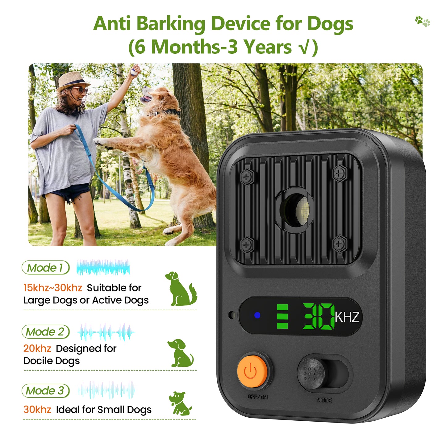Kfonla Anti Barking Devices, 0.4lb Dog Barking Control Device with 3 Modes, 1500mAh Rechargeable Ultrasonic Training Bark Deterrent Device for Indoor Outdoor