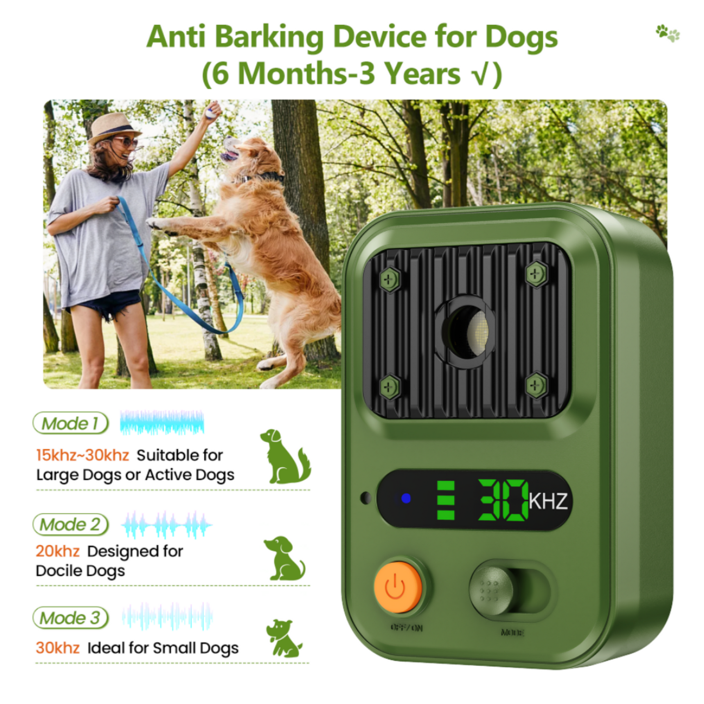 Kfonla Anti Barking Devices, 0.4lb Dog Barking Control Device with 3 Modes, 1500mAh Rechargeable Ultrasonic Training Bark Deterrent Device for Indoor Outdoor