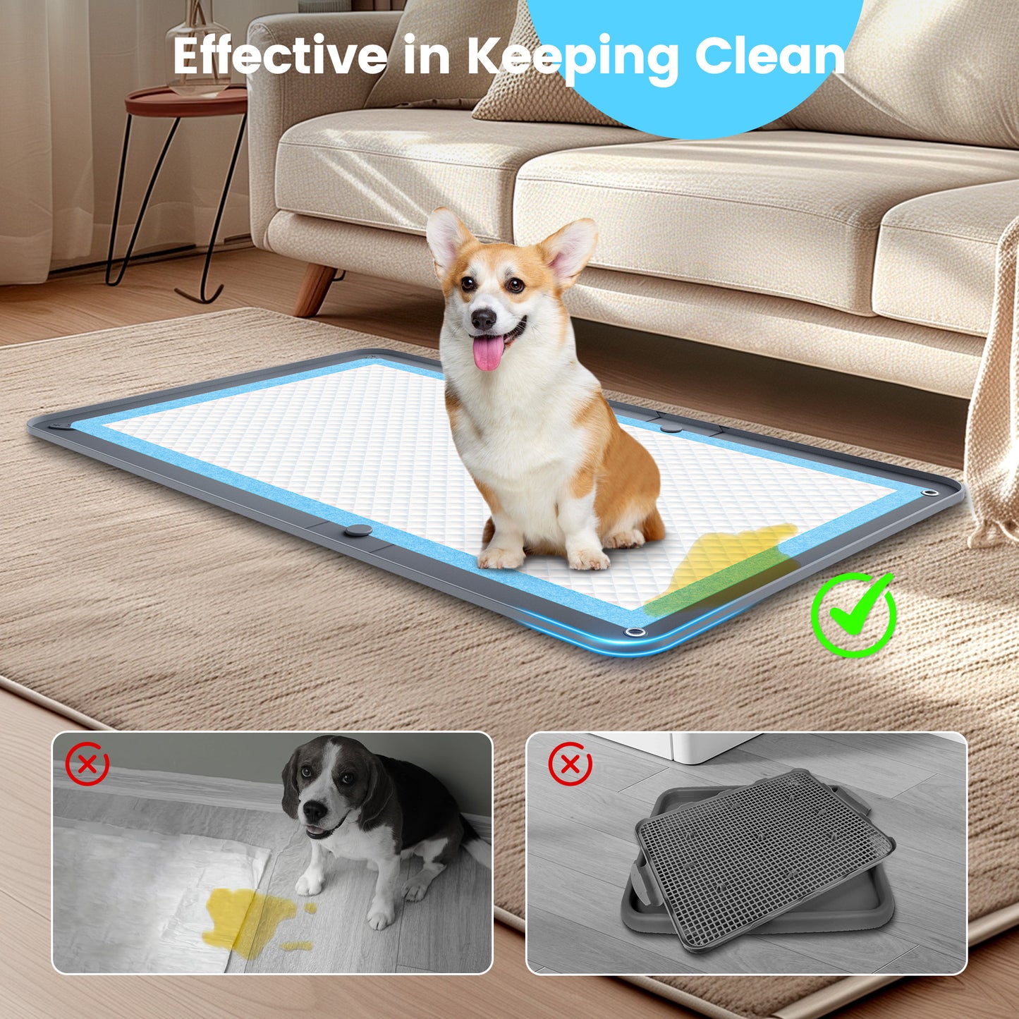 Kfonla 5.5" High Edge Puppy Pad Holder, 26" x 35" Dog Potty Tray, Non Slip Leakproof Tray with 2 Free Training Pads