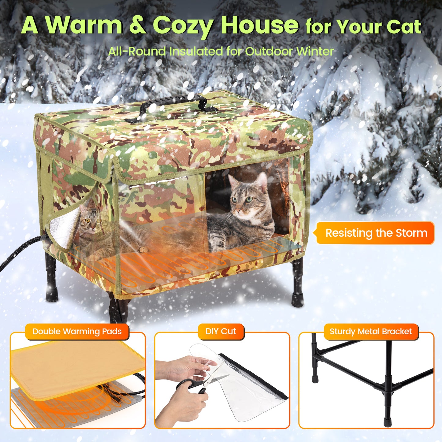 Kfonla Heated Cat House, Outdoor Cat Shelter with Heated Pad and Waterproof Cover, Cooling Cat House, Camouflage, M