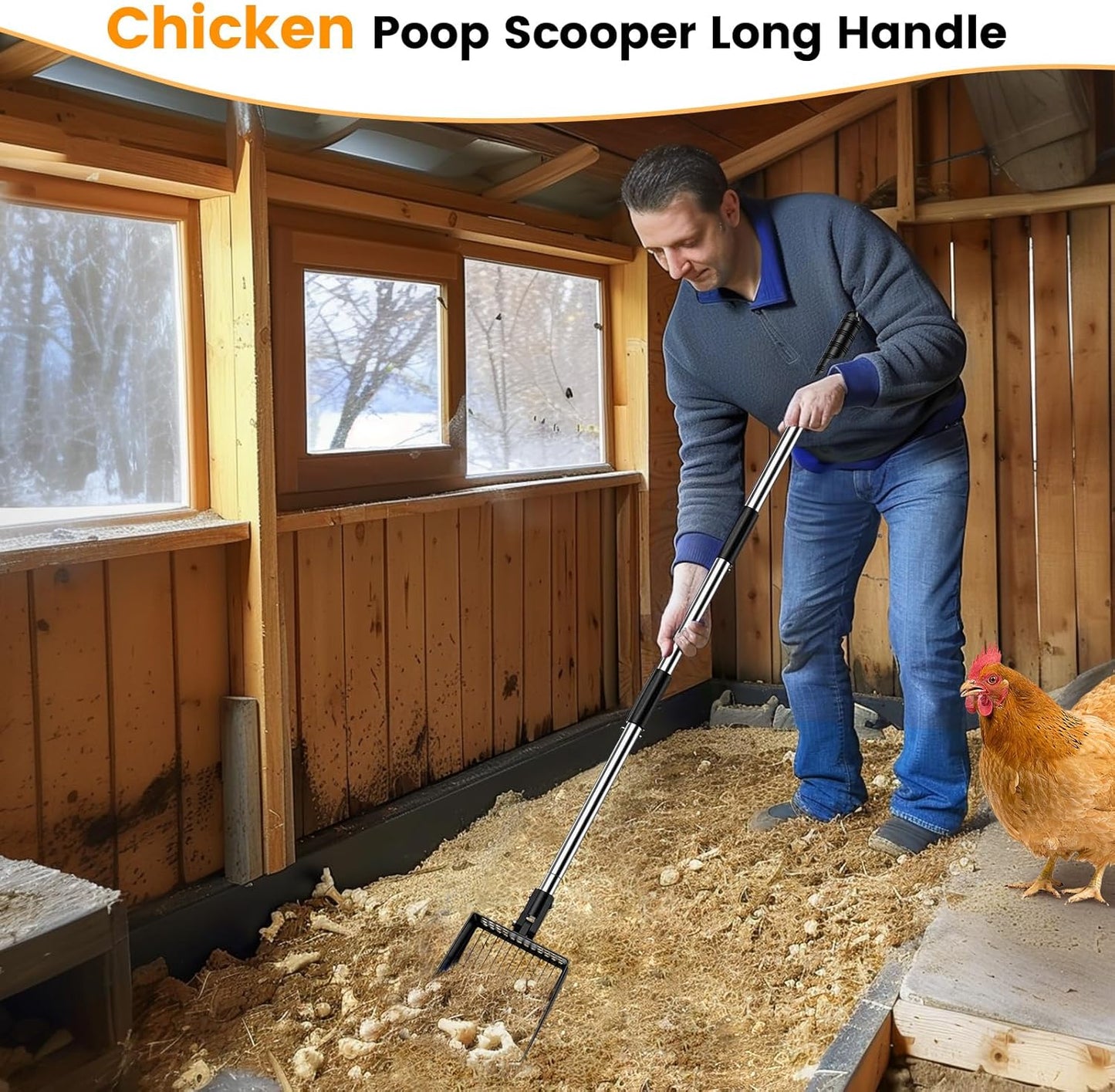 Kfonla Chicken Poop Scooper, 304 Stainless Steel Shovel, 3-in-1 Chicken Litter Scoop with Handle for Chicken Coop & Pet Waste Cleaning, Multifunctional Litter Sifting Shovel(21 to 49")