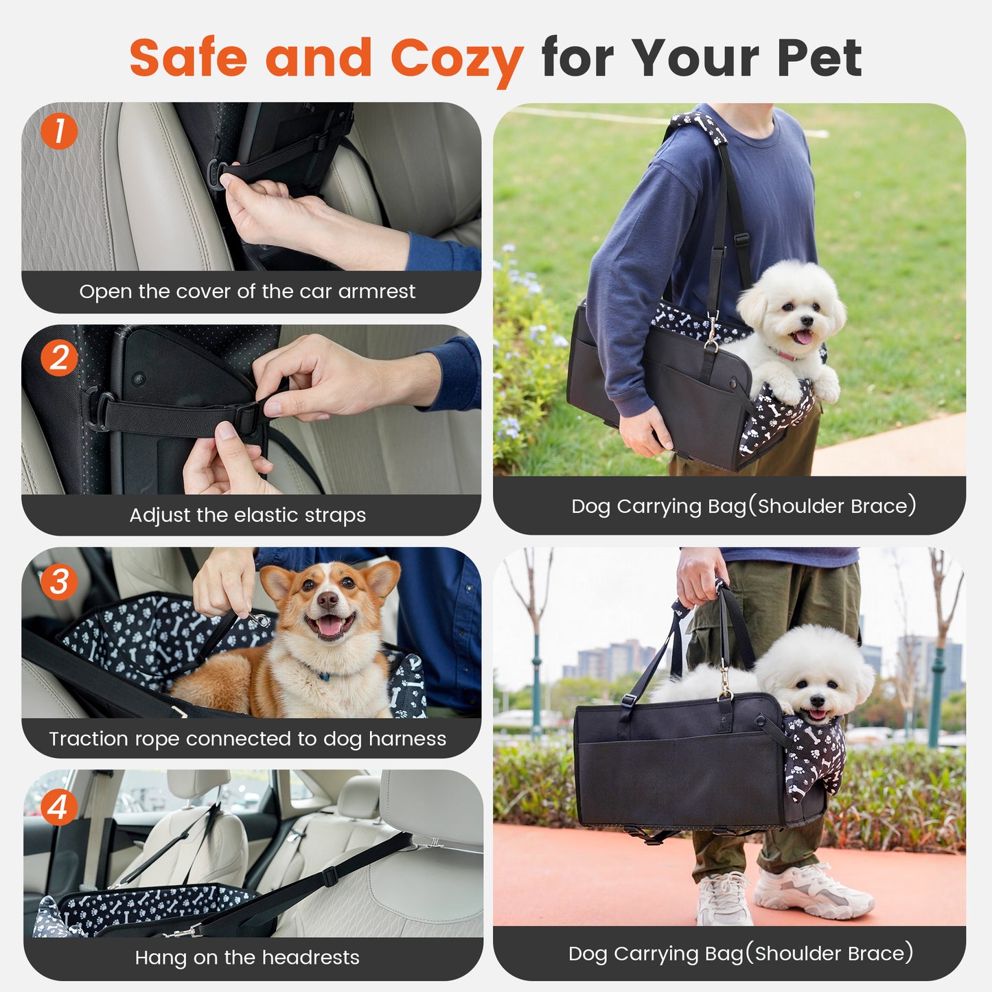Kfonla Dog Car Seat for Small Dogs, Small Dog Booster Car Seat /Puppy Car Seat with Shoulder Brace Seat Tethers, Up to 11 lbs, Black