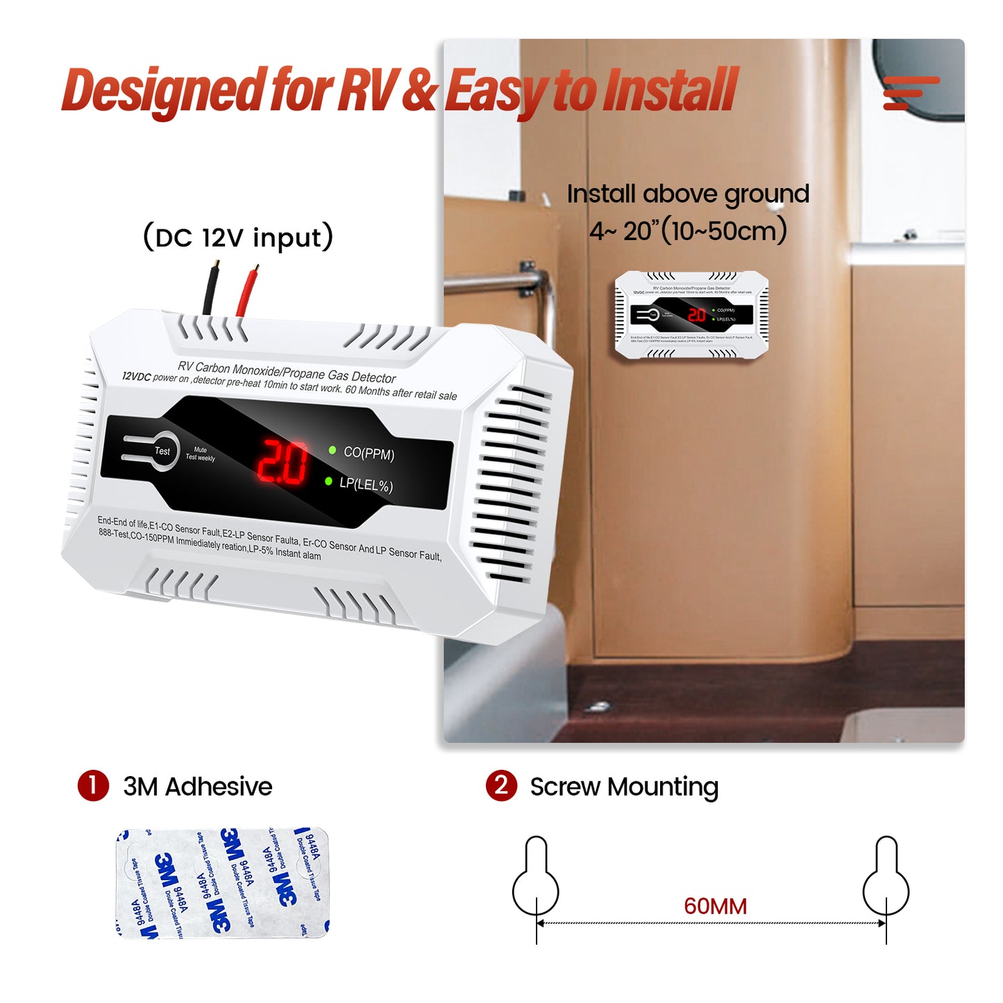 Kfonla RV Carbon Monoxide and Propane Gas Detector, 4.4Oz Corded CO/LP Gas Leak Digital Alarm for Travel Trailer, 85dB, White