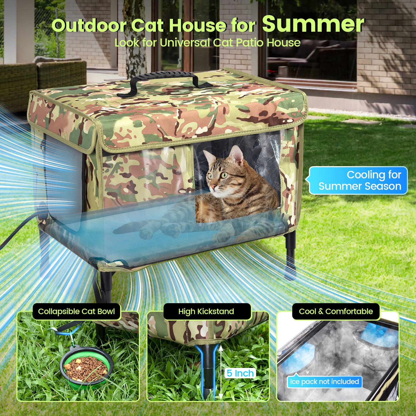 Kfonla Heated Cat House, Outdoor Cat Shelter with Heated Pad and Waterproof Cover, Cooling Cat House, Camouflage, M