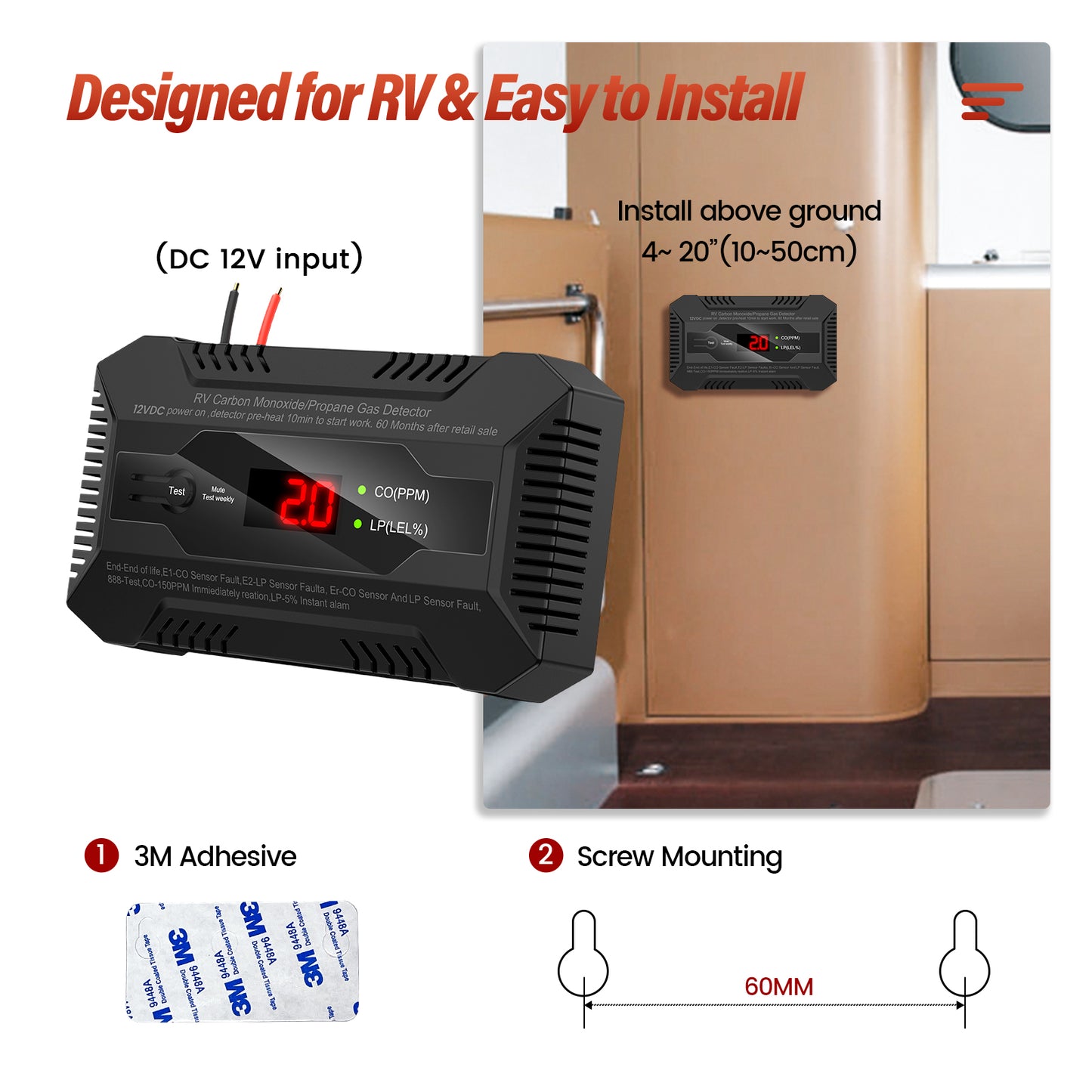 Kfonla RV Carbon Monoxide and Propane Gas Detector, 4.4Oz Corded CO/LP Gas Leak Digital Alarm for Travel Trailer, 85dB, Black
