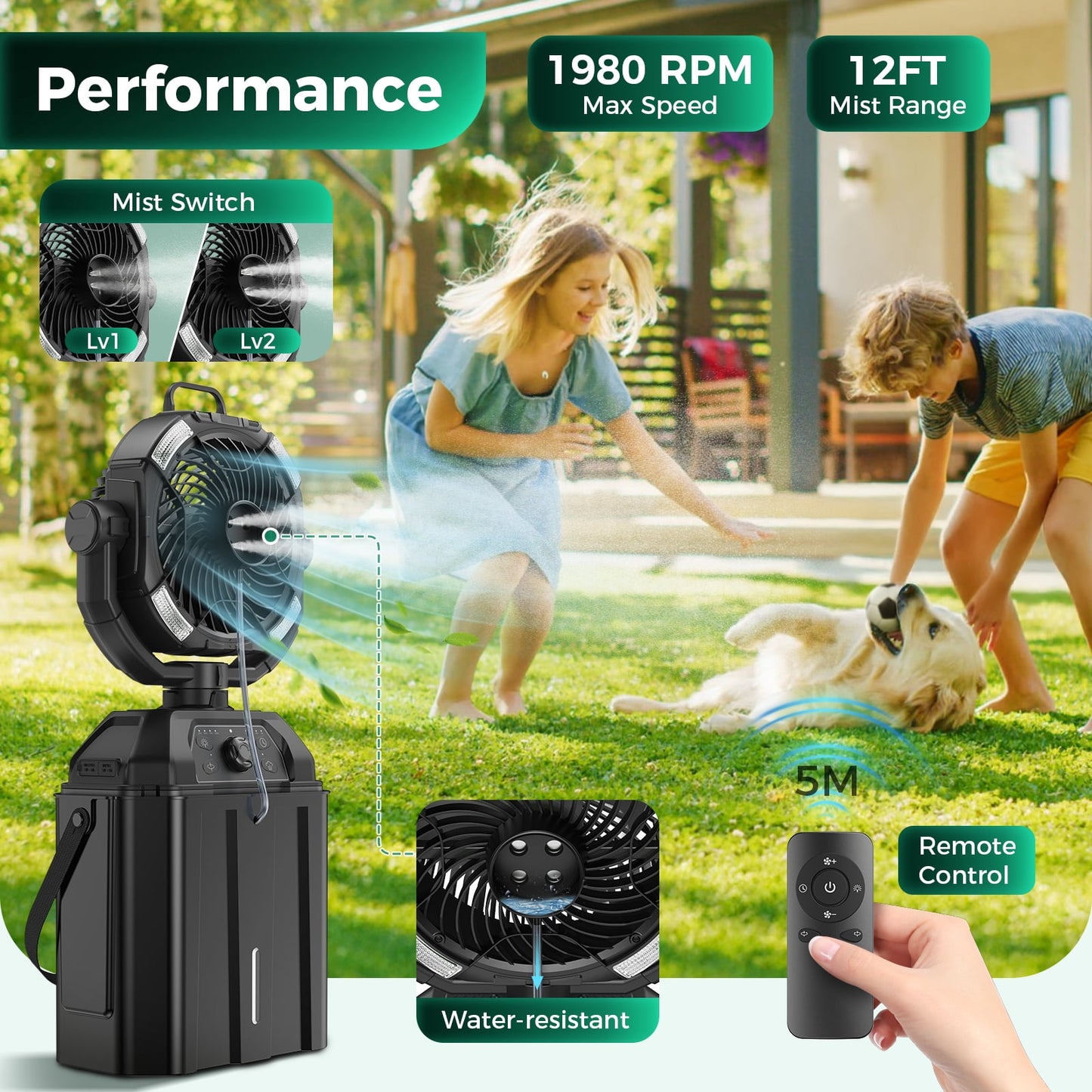 Kfonla Portable Camping Misting Fan, 20000mAh Rechargeable Battery Operated Fan, 6L Bucket USB Ventilador with LED Lantern, Remote, Hook, for Outdoor Travel Camping Tent