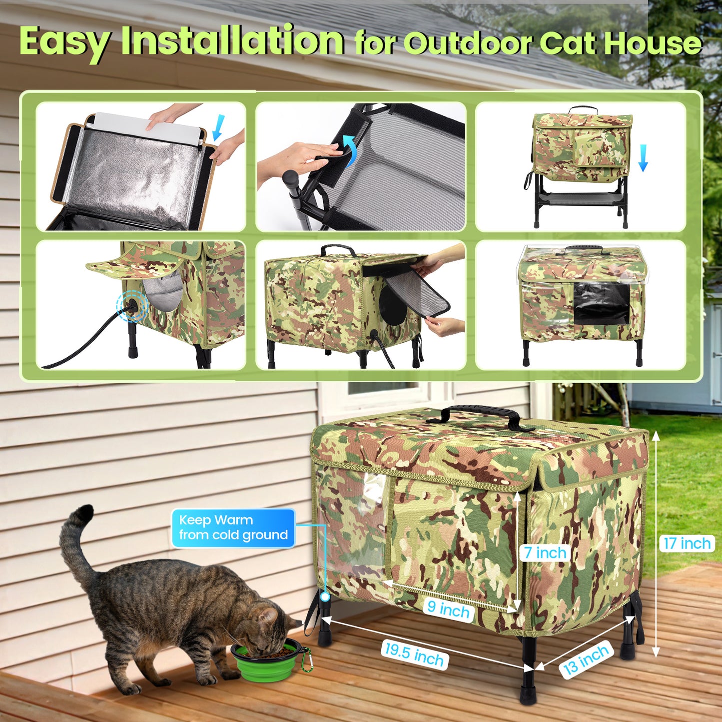 Kfonla Heated Cat House, Outdoor Cat Shelter with Heated Pad and Waterproof Cover, Cooling Cat House, Camouflage, M