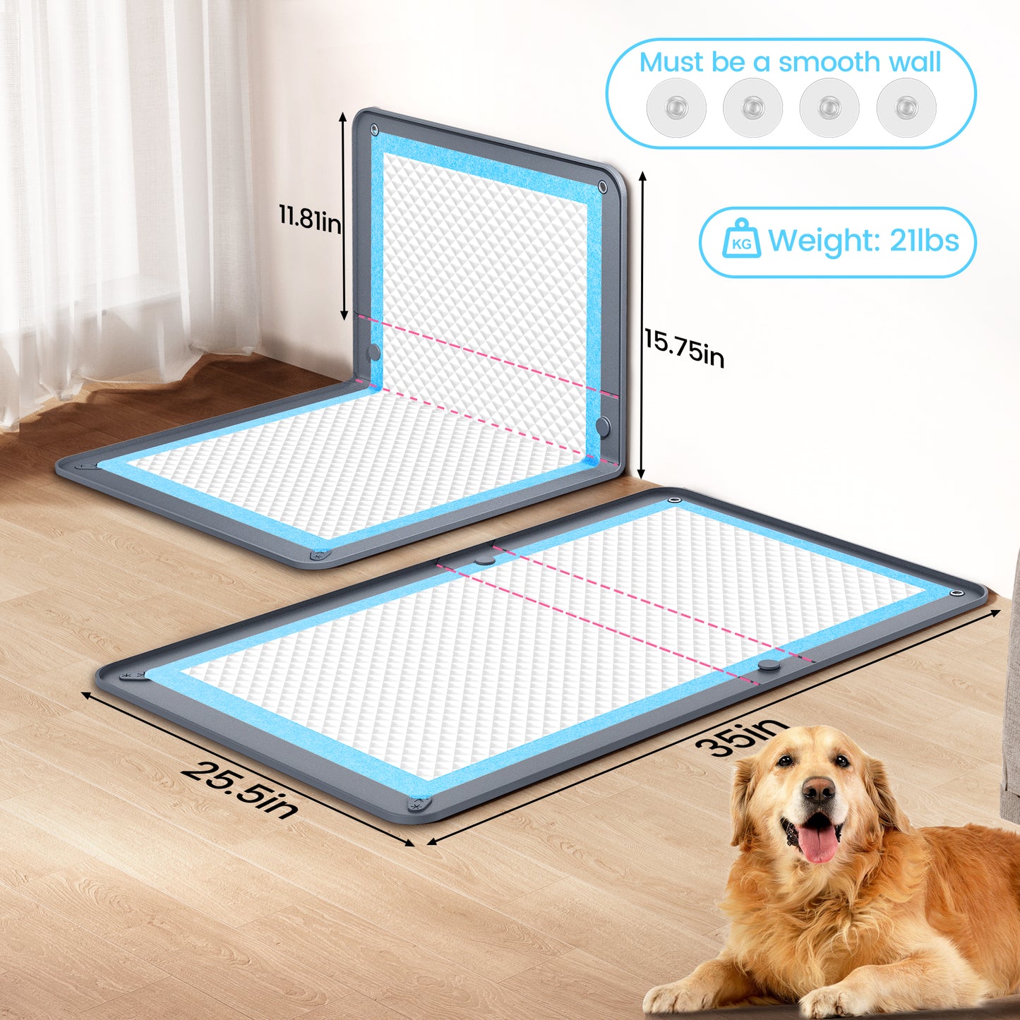Kfonla 5.5" High Edge Puppy Pad Holder, 26" x 35" Dog Potty Tray, Non Slip Leakproof Tray with 2 Free Training Pads