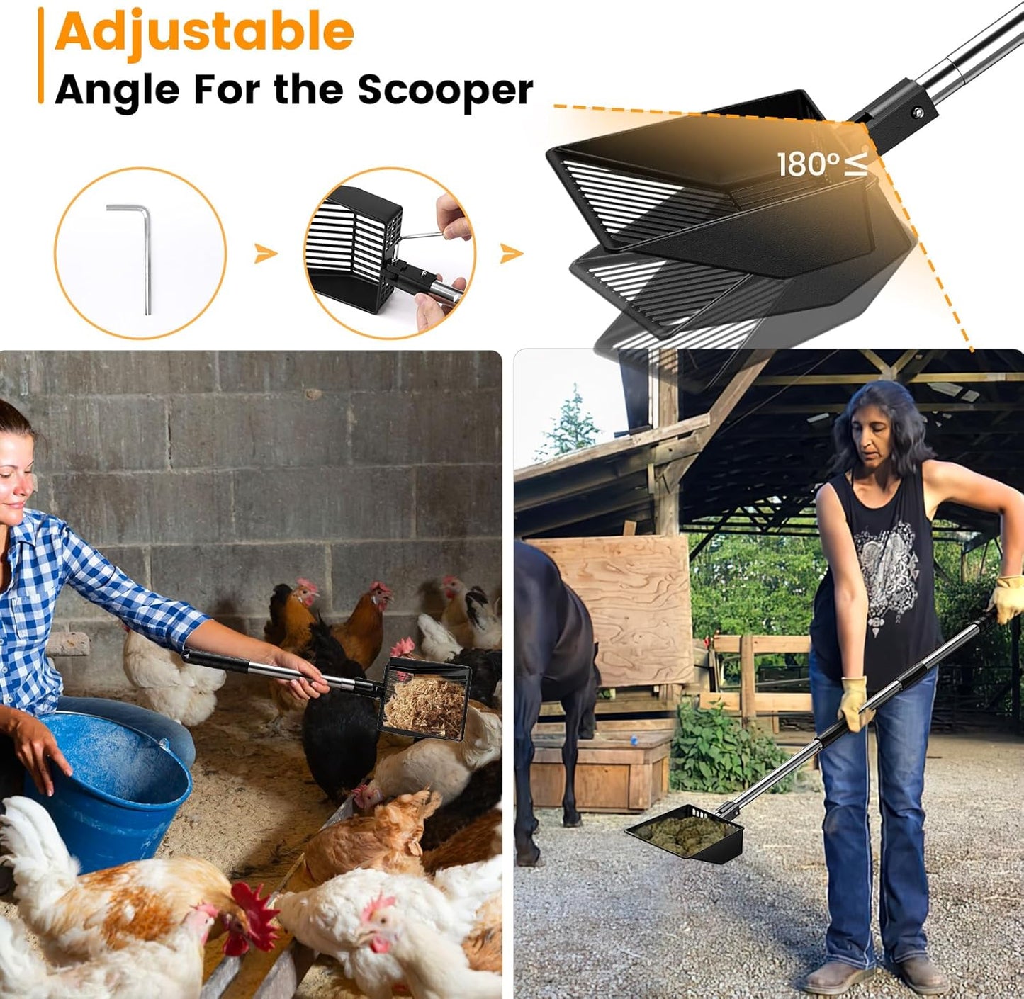 Kfonla Chicken Poop Scooper, 304 Stainless Steel Shovel, 3-in-1 Chicken Litter Scoop with Handle for Chicken Coop & Pet Waste Cleaning, Multifunctional Litter Sifting Shovel(21 to 49")