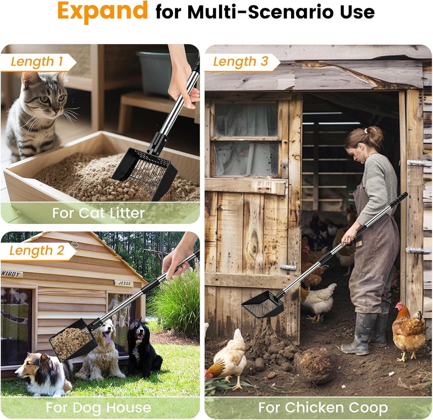 Kfonla Chicken Poop Scooper, 304 Stainless Steel Shovel, 3-in-1 Chicken Litter Scoop with Handle for Chicken Coop & Pet Waste Cleaning, Multifunctional Litter Sifting Shovel(21 to 49")