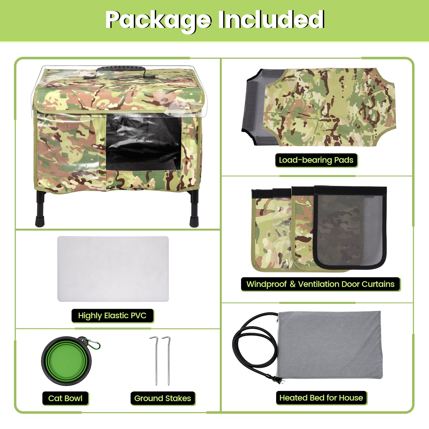 Kfonla Heated Cat House, Outdoor Cat Shelter with Heated Pad and Waterproof Cover, Cooling Cat House, Camouflage, M